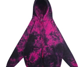 Hot Pink and Black Tie Dye Zip Up Hoodie: 90s Grunge Punk Streetwear Hoodie