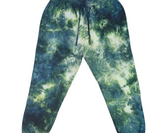 Forest Green Tie Dye Jogging Bottoms, Dark Green Tie Dye Sweatpants, Green Tye Dye Joggers, Green Tie Die Trousers, Green Tie Dye Slacks