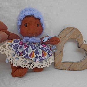 Waldorf doll, pocket doll 13 cm, mixed-race, ecological, fabric, ready to adopt, Steiner, organic, carded wool, natural fibers