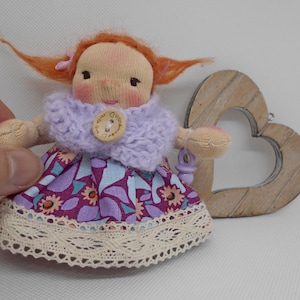 Waldorf doll, pocket doll 10 cm, girl, ecological, fabric, ready to adopt, Steiner, organic, carded wool, natural fibers
