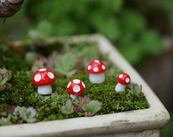 Set of 4pcs Miniature Tiny Red Mushroom, Mixed Size Mushroom,  Fairy Garden Supplies Terrarium Accessories