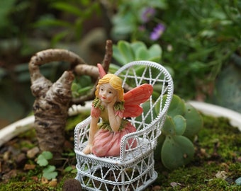 Miniature Fairy Girl Sit in Side Chair , Terrarium Figurines Fairy Garden Supplies Terrarium Accessories DIY Miniature Garden