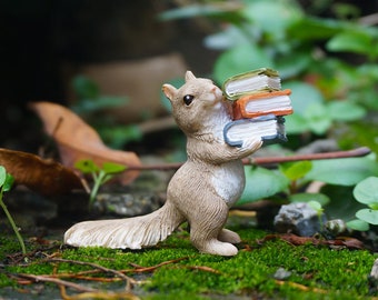 Tiny Squirrel Holding Books, Miniature Fairy Garden Supplies Terrarium Accessories Animal Figurine