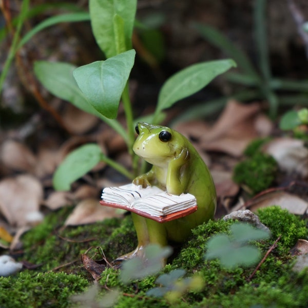 Libro de lectura de rana pequeña en miniatura, figuras de animales, suministros de jardín de hadas, accesorios para terrario, jardín en miniatura DIY