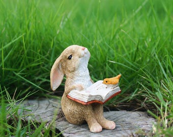 Fairy Garden Miniatur Kleines niedliches Kaninchen, das Buch mit Vogel, Minigarten-Versorgungsmaterial-DIY-Terrariumzubehör-Tierfigurine liest