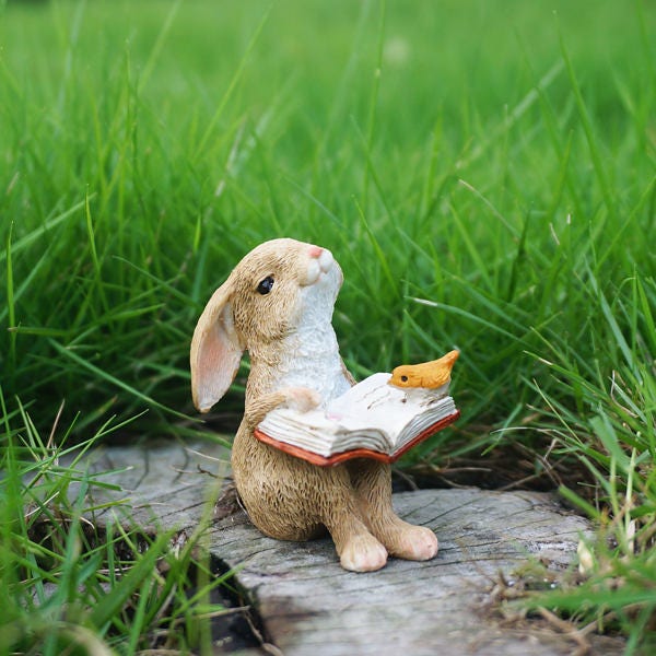 Fairy Garden Miniature Small Cute Rabbit Reading Book with Bird,Mini Garden Supplies DIY Terrarium Accessories Animal Figurine