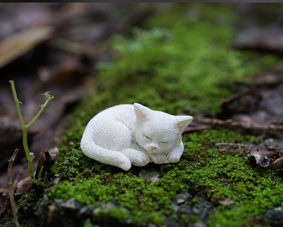 Fairy Miniature Small White Cat Sleeping Animal Figurines Fairy