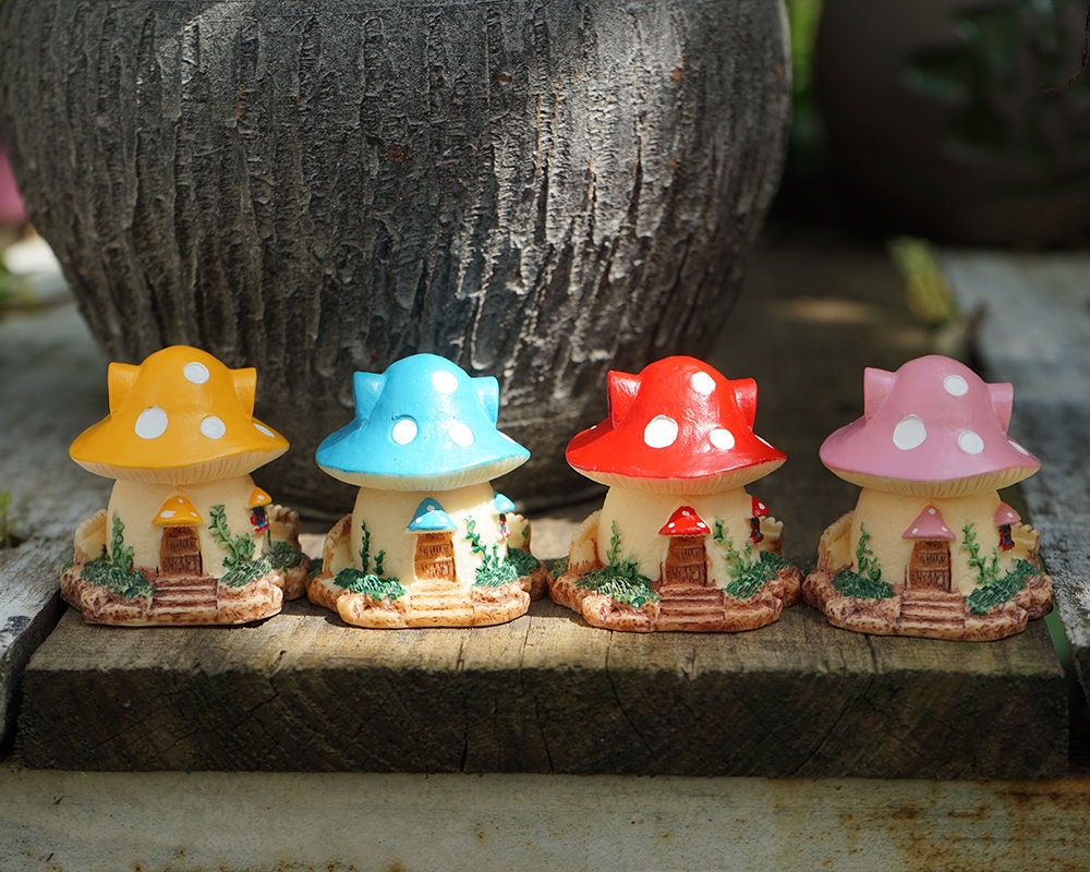 thumbnail interactive-video image 1 of MM Mini Fairy Garden House Set Of 4 - Mushroom Cottage, Resin, Multicolour 1 of 3