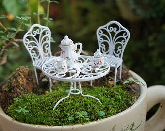 1:12 Miniature A Set of 6pcs Iron Table & Chairs with Ceramic Cups Figurines Fairy Garden Supplies Terrarium Accessories