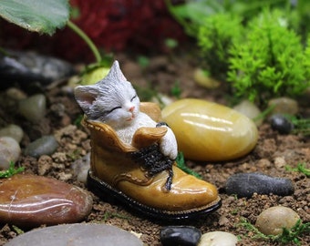 Miniature Small Cat sleep in Boots , Kitty Tiny Animal Figurines Fairy Garden Supplies Terrarium Accessories DIY Miniature Garden
