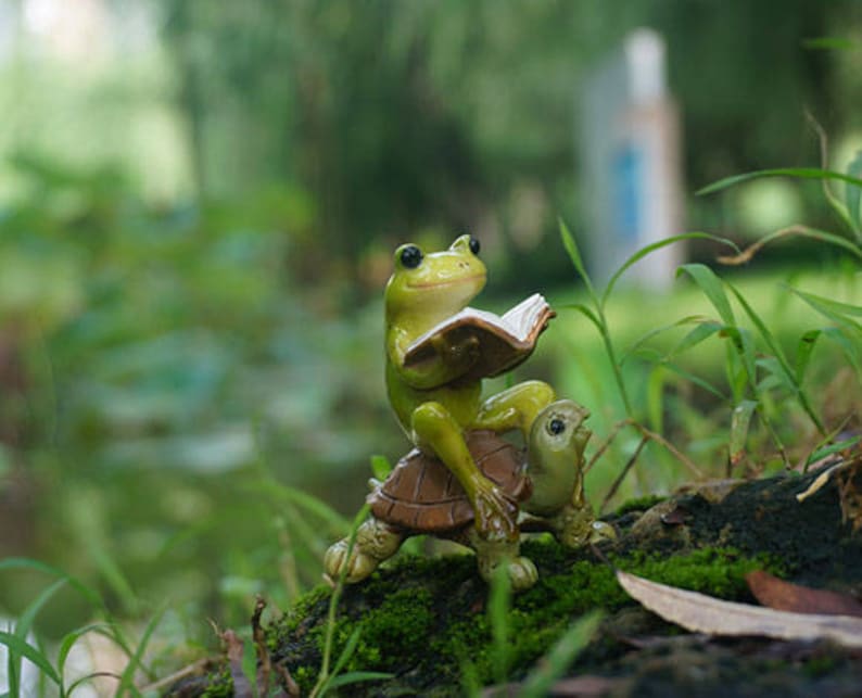 SALE Miniature Tiny Frog Reading Book on Tortoise,Fairy Garden Supplies DIY Terrarium Accessories Animal Figurine image 1