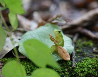 May include: A small green frog figurine sitting on a leaf, holding a small brown paddle.