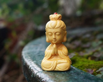 Miniature Buddha Figure , Wood Guanyin Buddha , Small Monk Figurines Yoga Fairy Garden Supplies Terrarium Accessories