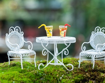 Miniature A Set of 5pcs Iron Table & Chairs with Fruit Teas Figurines Fairy Garden Supplies Terrarium Accessories