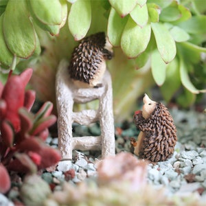 Set of 2 Miniature Tiny Hedgehog Picking Fruit with Ladder , Animal Figurines Fairy Garden Supplies Terrarium Accessories DIY