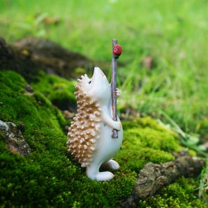 Miniature Small Hedgehog Hold Wood Stick with Ladybug Fairy Garden Supplies DIY Terrarium Accessories Animal Figurine