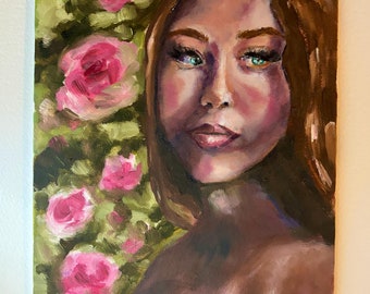 Portrait of woman in trees/green foliage background, oil painting