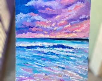 Pastel pink and purple sky sunset beach original oil painting on canvas board