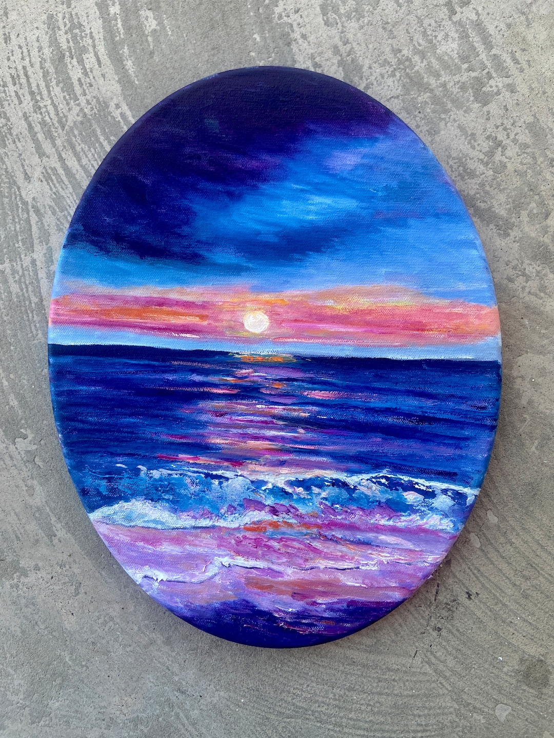 Sunset Beach Ocean Original Oil Painting on Oval Canvas - Etsy