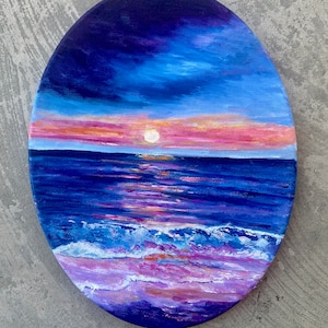 Sunset beach ocean original oil painting on oval canvas