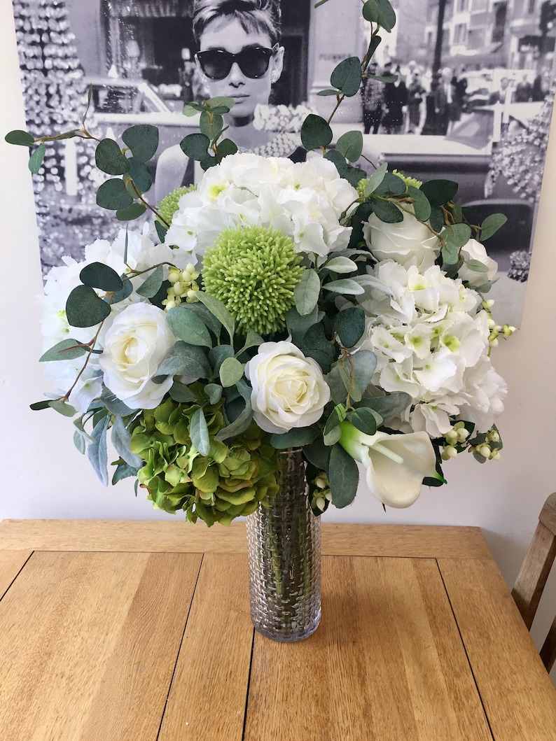 Extra Large Artificial Flowers Vase Arrangement White Green Etsy