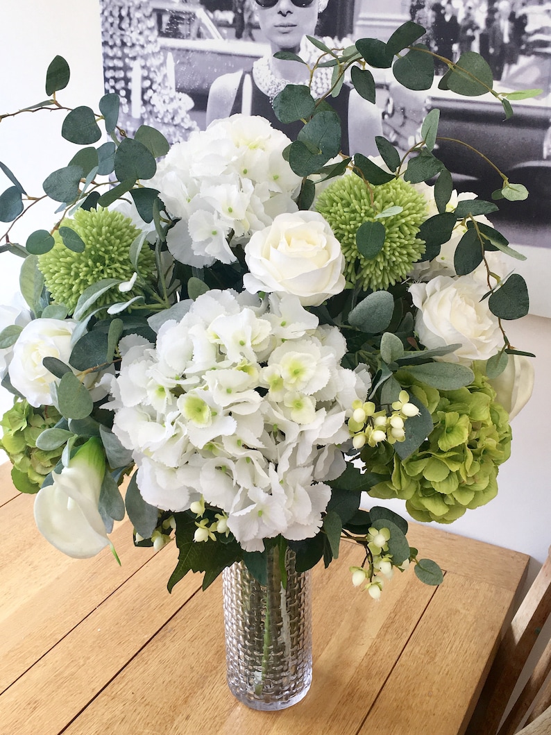 Extra Large Artificial Flowers Vase Arrangement White Green Etsy