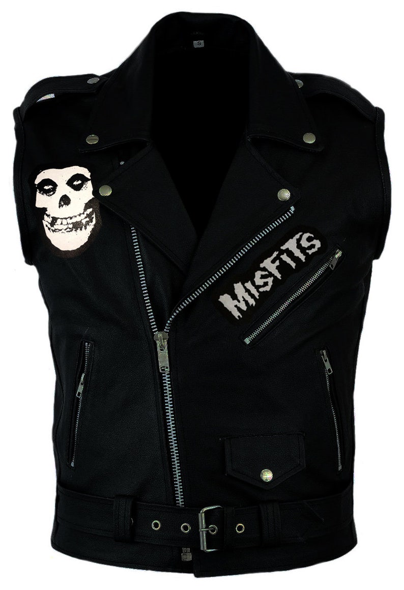 Misfits Crimson Ghost Skull Logo Black Leather Sleeveless Biker Jacket Horror Punk Danzig Samhain Motorcycle