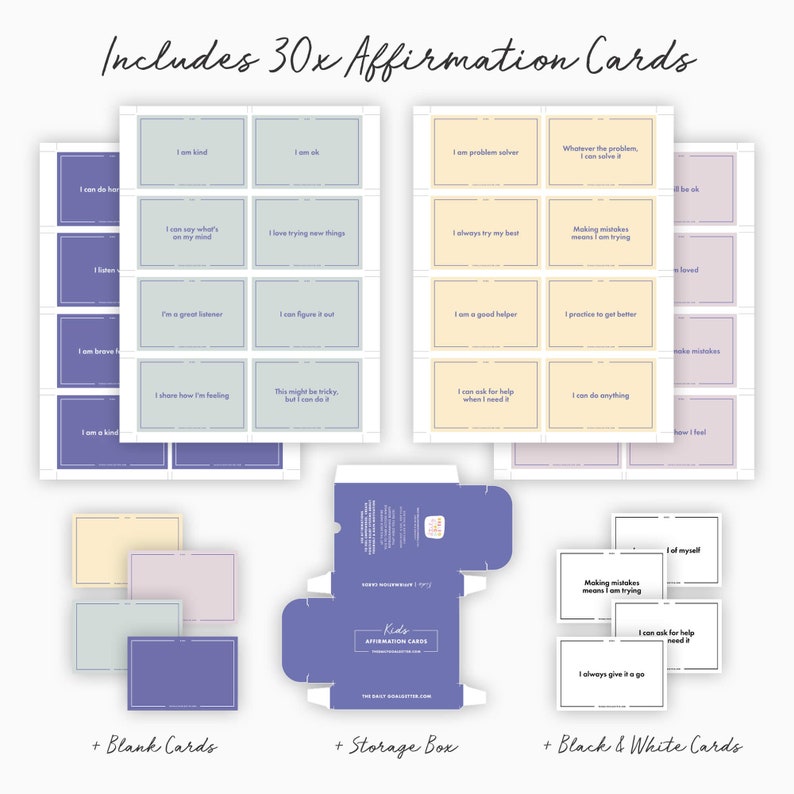 May include: A set of 30 affirmation cards for kids, with a purple storage box. The cards are divided into three sets: purple, yellow, and white. The cards feature positive affirmations for children, such as "I am kind", "I can do anything", and "I am a good helper".