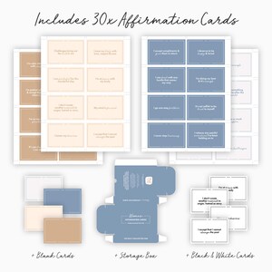 Puede incluir: Un conjunto de 30 tarjetas de afirmaci&oacute;n con una caja de almacenamiento azul y blanca. Las tarjetas est&aacute;n divididas en tres categor&iacute;as: en blanco, en blanco y negro y en color. Las tarjetas presentan afirmaciones positivas para el amor propio y el crecimiento.
