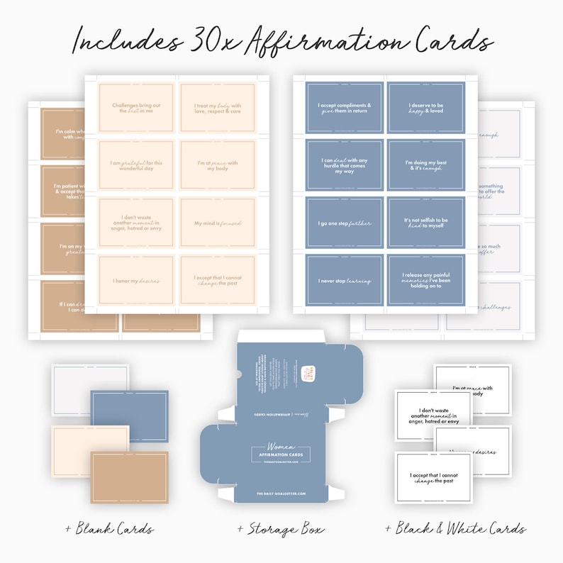 Puede incluir: Un conjunto de 30 tarjetas de afirmaci&oacute;n con una caja de almacenamiento azul y blanca. Las tarjetas est&aacute;n divididas en tres categor&iacute;as: en blanco, en blanco y negro y en color. Las tarjetas presentan afirmaciones positivas para el amor propio y el crecimiento.