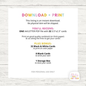 K&ouml;nnte beinhalten: Druckbarer Download f&uuml;r 32 schwarze und wei&szlig;e Karten im Format 3,5" x 2,3", plus 8 leere Karten und eine Aufbewahrungsbox. Der Text lautet "Download + Drucken", "Sie erhalten: Eine A4/Letter-PDF-Datei mit 32 Karten im Format 3,5"x2,3"", "Drucken Sie auf hochwertigem Karton (oder dickem Papier) und schneiden Sie entlang der Linien, um Ihre Karten zu erhalten!", "Zusatzbonus: 32 schwarze und wei&szlig;e Karten zum Ausdrucken auf farbigem Papier", "8 leere Karten zum Selberschreiben", "1 Aufbewahrungsbox zum Verstauen Ihrer Karten", "Nur f&uuml;r den pers&ouml;nlichen Gebrauch", und "Ich bin ein t&auml;glicher Zielerreichender".