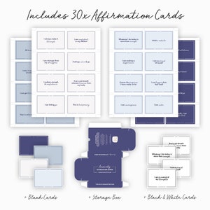 K&ouml;nnte beinhalten: Ein Set mit 30 Affirmationskarten in blau-wei&szlig;er Farbgebung. Die Karten sind in einem Raster angeordnet und enthalten S&auml;tze wie "Ich bin zuversichtlich in meinen F&auml;higkeiten" und "Ich mache einen Unterschied". Die Karten werden in einer blauen Box mit der Aufschrift "Anxiety Affirmation Cards" geliefert. Au&szlig;erdem sind leere Karten und schwarz-wei&szlig;e Karten enthalten.