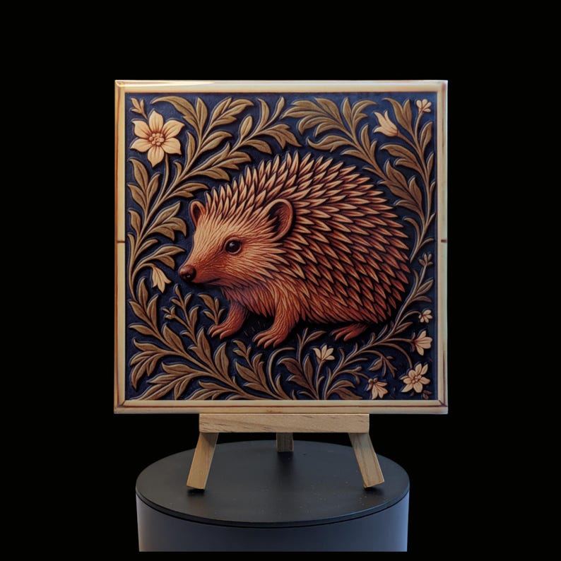 May include: A detailed, square wooden carving of a hedgehog surrounded by floral and leaf patterns. The hedgehog is brown with a textured back, set against a dark blue background. The carving is displayed on a small wooden easel.