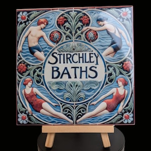 May include: A vintage tile with a blue and white background featuring a stylised floral design. The tile has a circular centre with the text "Stircley Baths" in a white font. The tile also features three figures in bathing costumes, two women and one man, swimming in a stylised wave pattern.