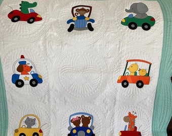 Animal Baby Quilt, Personalized Quilt, Personalized Baby Quilt, Baby Shower Gift, New Baby Quilt, Baby Announcement, Animals in Cars,