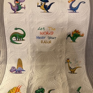 Dinosaur Quilt, Heirloom Quilt, Personalized Quilt, Baby Quilt, Baby Shower Gift, New Baby Gift, Baby Announcement