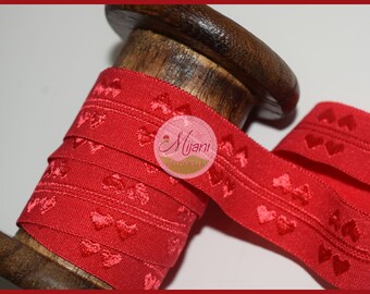 1 m Rubber Band 25 mm small hearts pink red white Mijani