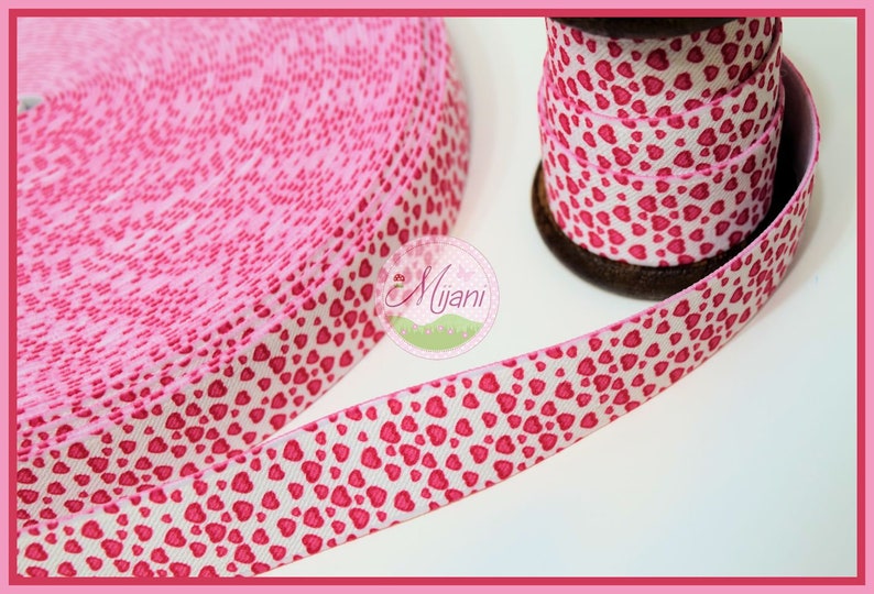 1 m Rubber Band 25 mm small hearts pink red white Mijani