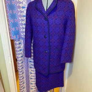 Vintage welsh wool tapestry coat with matching skirt suit purple blue pink wool 38 inch chest size UK 12