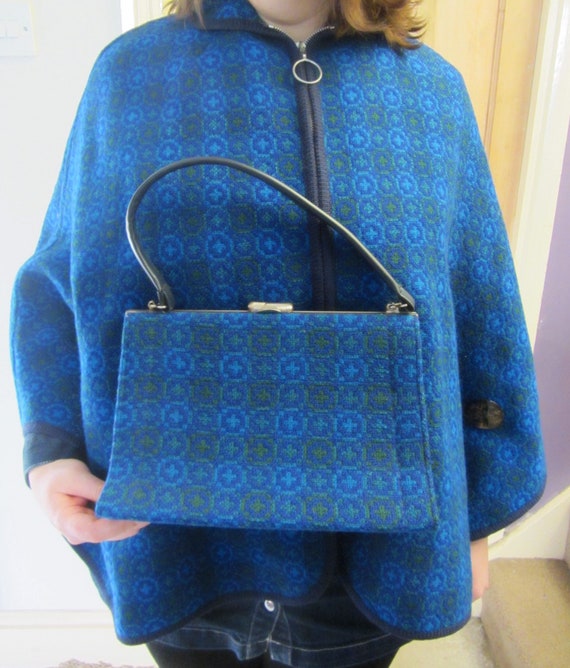 Vintage welsh wool tapestry cape bag blue free siz