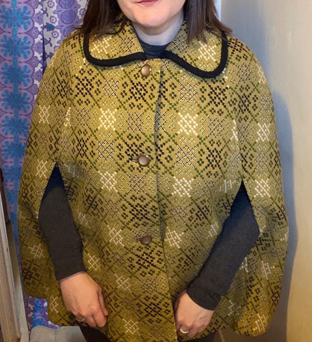 Vintage Welsh Wool Mustard Yellow Tapestry Cape From Welsh Woolens 60s
