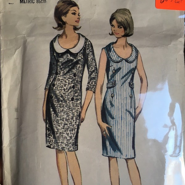 Butterick 60s robe papier modèle buste 34 hanches 36 utilisé peter pan col shift robe 3857