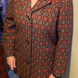 Vintage welsh wool tapestry jacket coat brown pink blue Brynkir flower tulip print size 16 18 mid length buttons 60s pockets