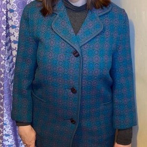 Vintage welsh wool tapestry jacket coat blue turquoise geometric pink size 12 14 mid length buttons 60s pockets
