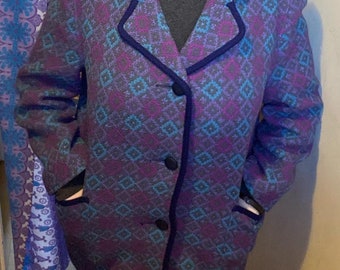 Vintage welsh wool tapestry blue pink diamond print pea coat size 12 14 UK