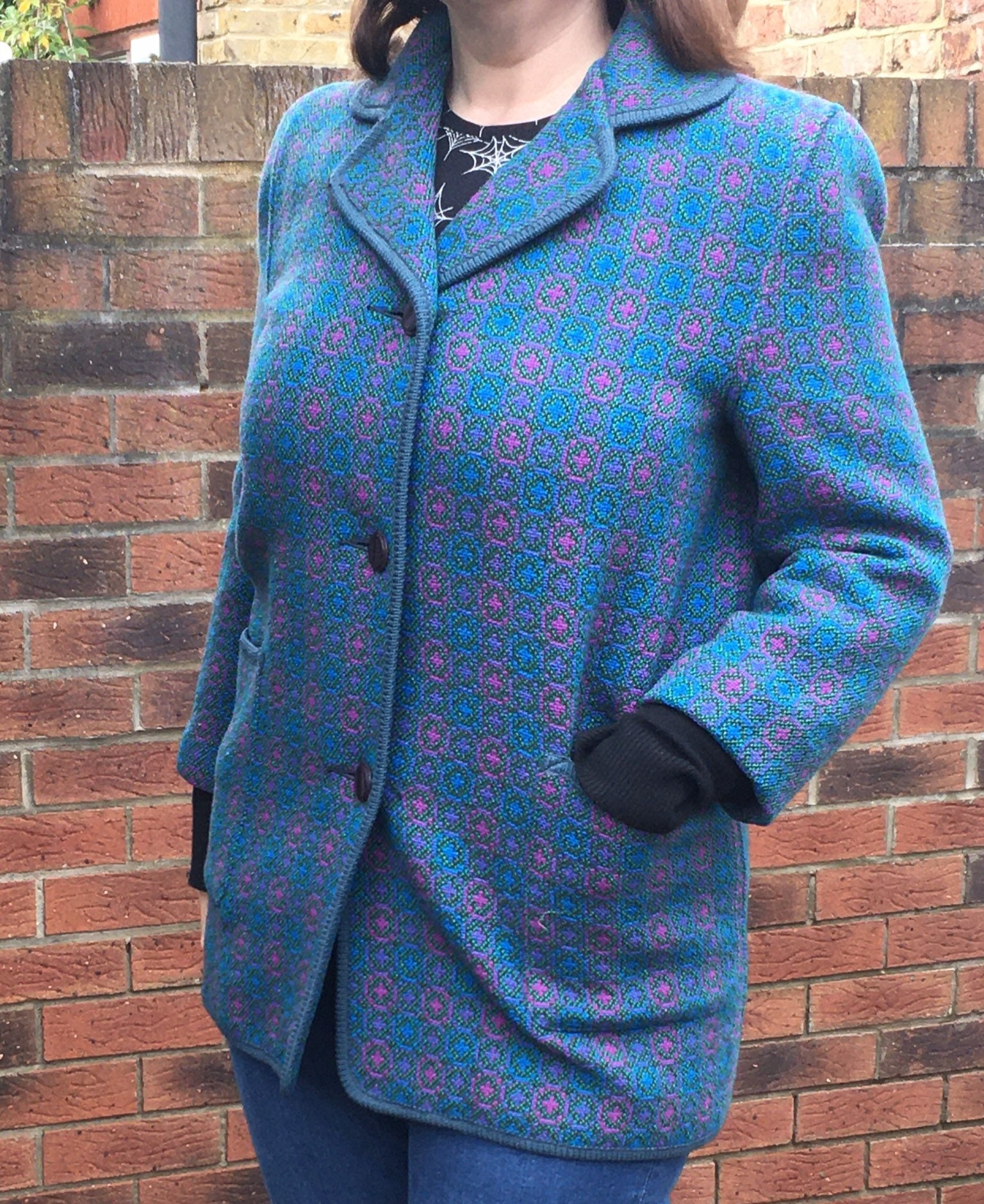 Vintage welsh wool tapestry jacket coat blue turquoise Etsy