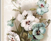 Satin Vintage Collage Blue Pansy Bouquet Art Fabric Print Textile Arts