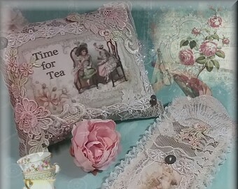 Handmade Gift for Mum Lace Fabric Art Lace Door Pillow Bookmark Set Textile Art Handmade Aesthete Unique Gift for Her Vintage Time for Tea