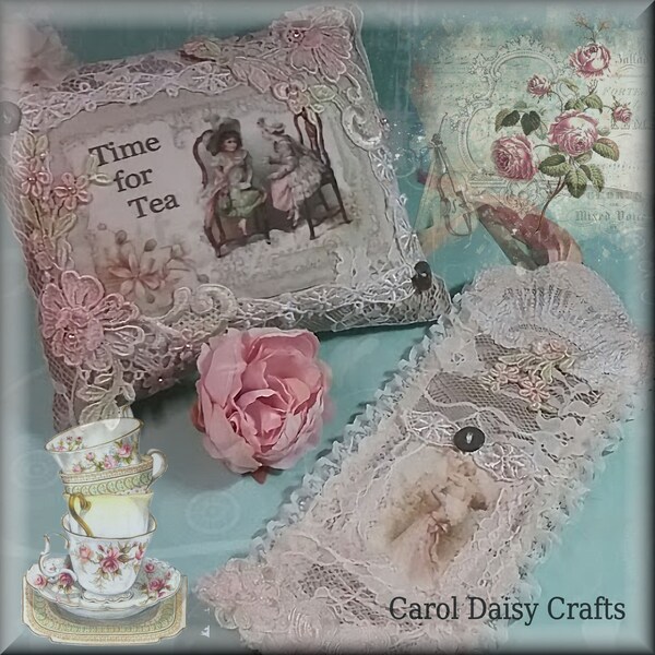 Handmade Gift for Mum Lace Fabric Art Lace Door Pillow Bookmark Set Textile Art Handmade Aesthete Unique Gift for Her Vintage Time for Tea