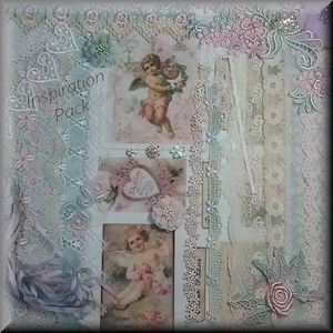 Inspiratiepakket Shabby Chic Textielkunst Naaien Borduurwerk Roze Wit Ecru Zilver Groen Crazy Quilten Engeltjes